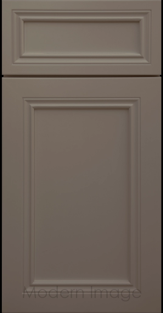 Close-up of Corona cabinets in Magnetic Gray with mitered molding and flat center panel.